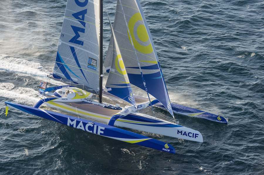 Aerial view of the Maxi Tri MACIF with french skipper Francois Gabart training with Pascal Bidegorry between Groix Island and Les Glenans, south brittany, prior to the Transat Jacques Vabre on september 30, 2015 - Photo Vincent Curutchet / DPPI / MACIF